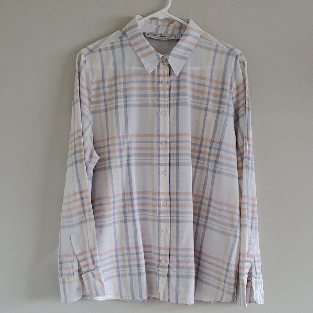 Simons Contemporaine White Organic Cotton Plaid Button-Down Pastel Stripes XL